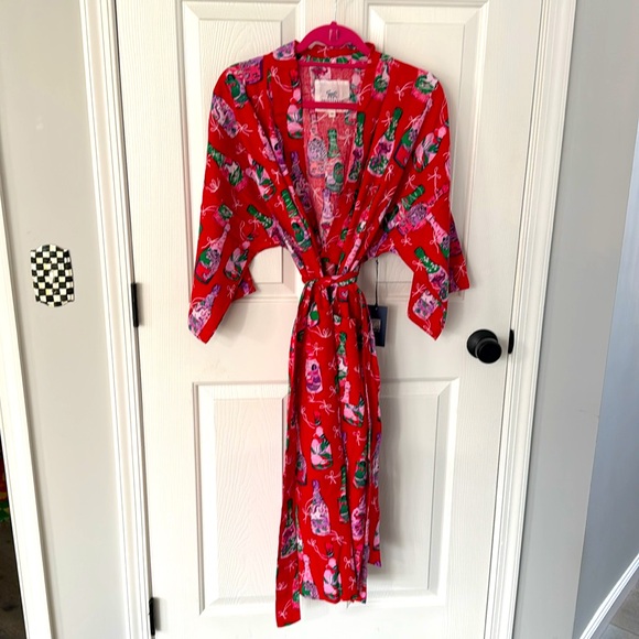 Printfresh Brushed Twill Robe Red “Pop the Bubbly” Champagne Bottles Print -S/M - Picture 5 of 12